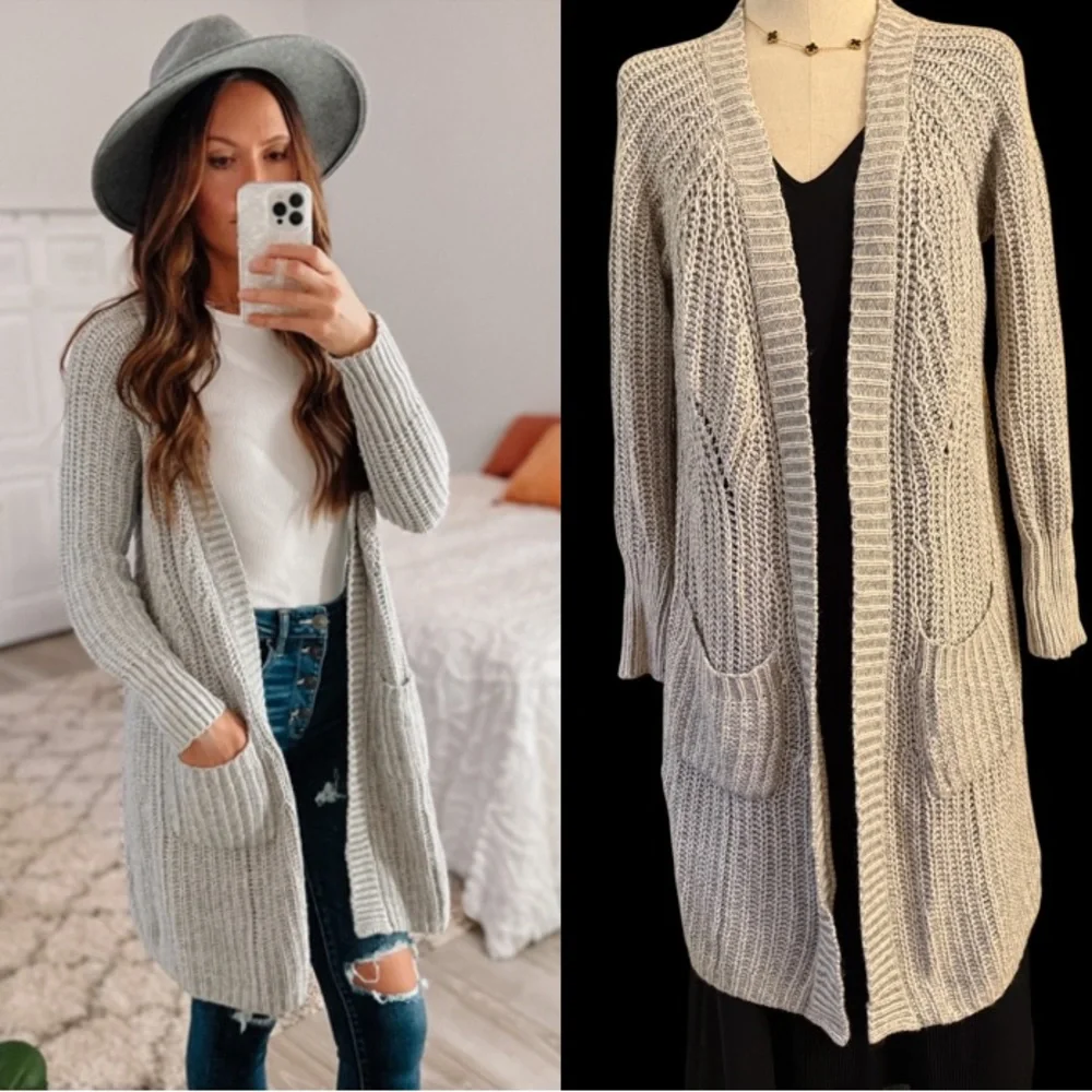 Anthro Moth Grey Open Front Chunky Knit Long Cardigan Cotton/Cashmere Blend SzS - Picture 3 of 15